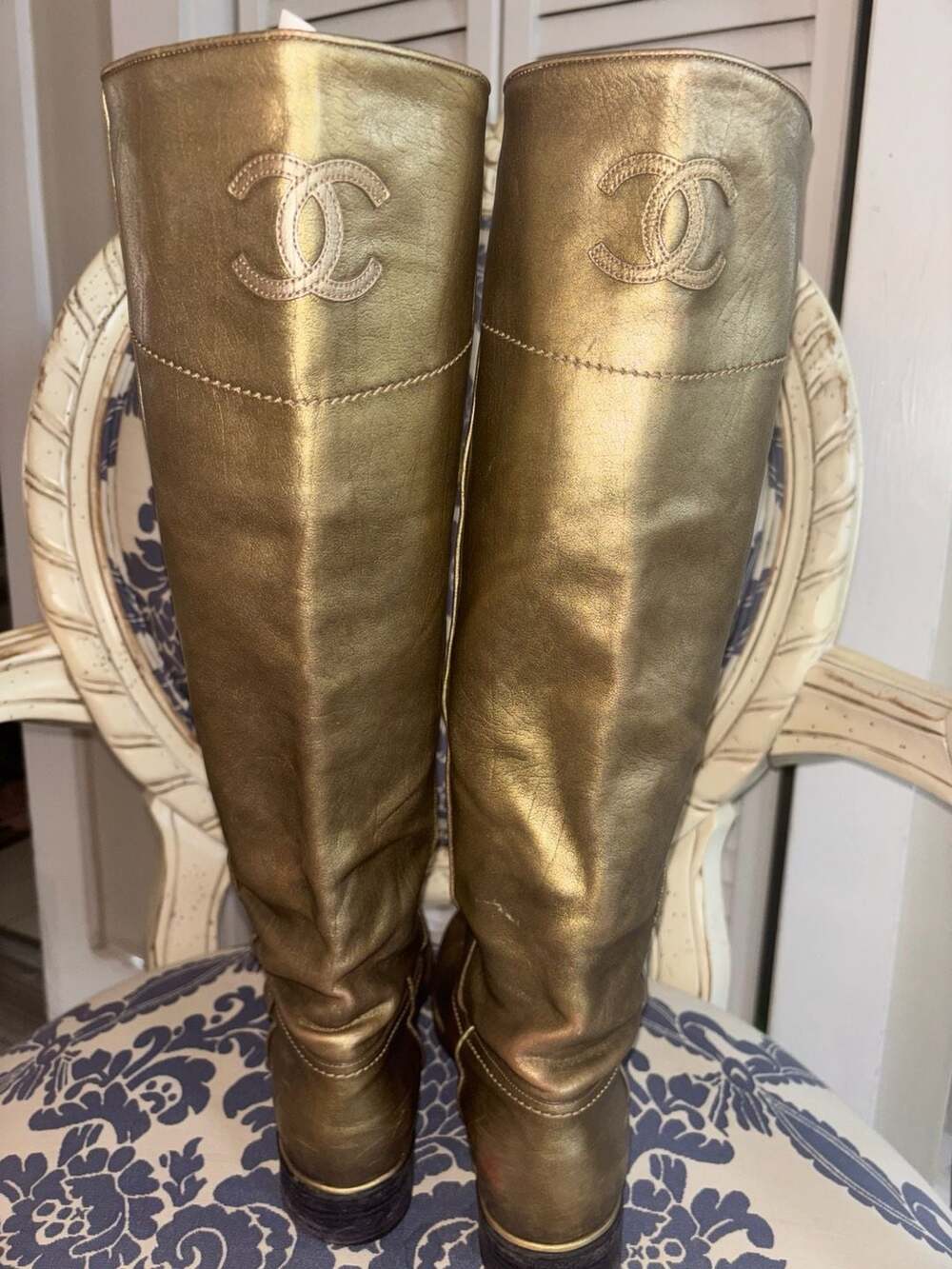 Chanel Metallic Gold Leather CC Tall Boots
